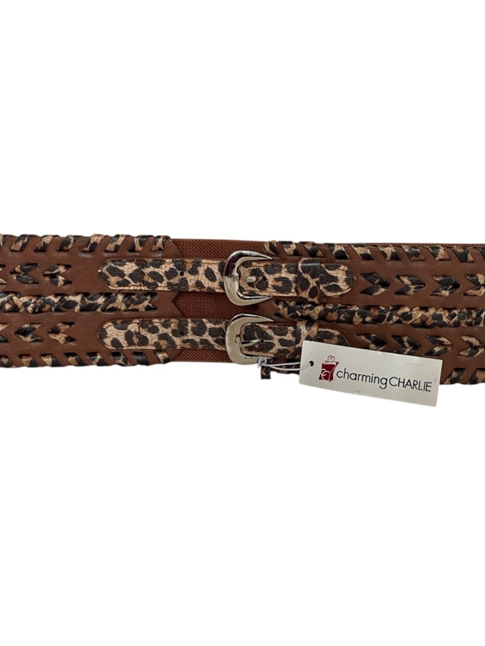Charming Charlie Tan Wide Braided Faux Leather Dual Buckle Belt Leopard Straps - Picture 3 of 4